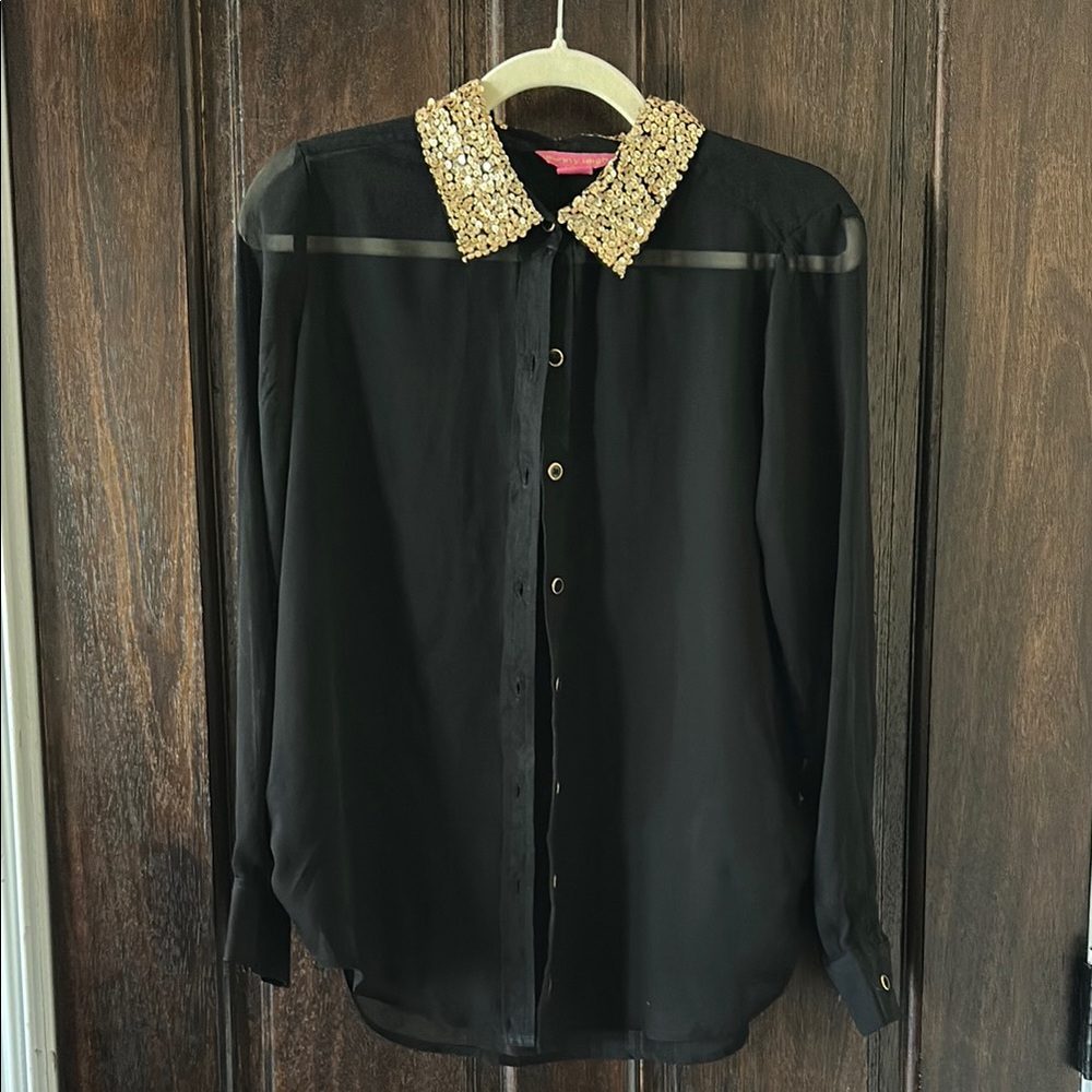 Elegant Black Shirt with Gold Embellished Collar